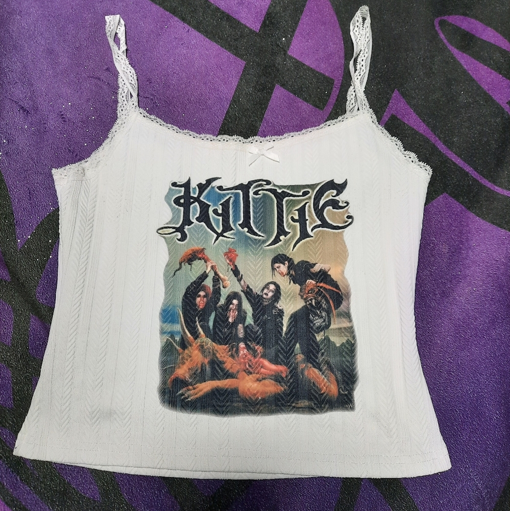 White Graphic Lace-Trim Camisole Top - Band Print